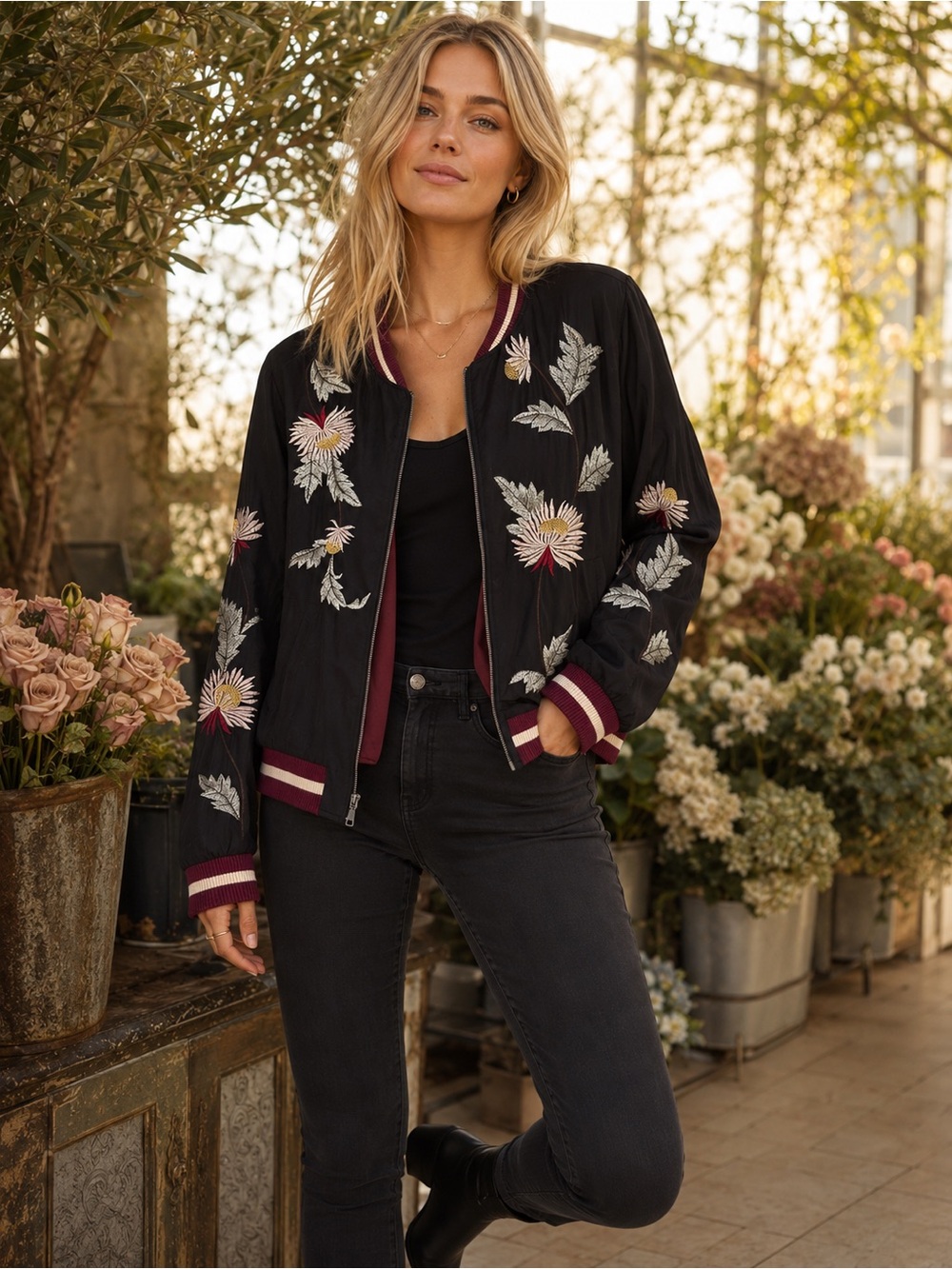 Anthropologie Women’s Solstice Embroidered Floral Bomber Jacket Size - LP